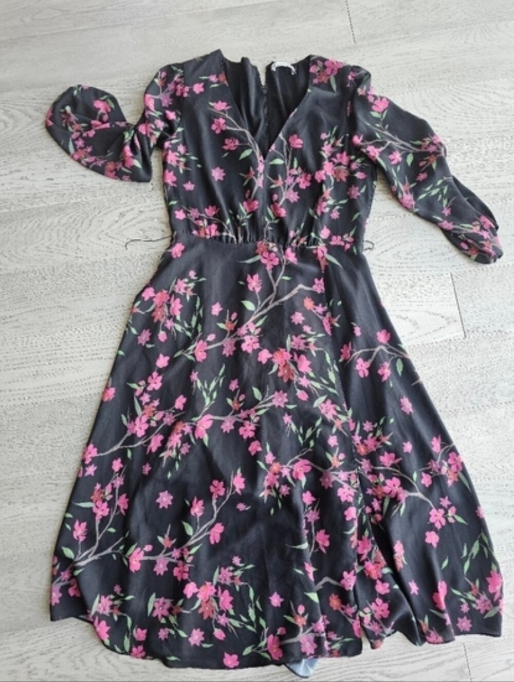 Alice + Olivia Black Floral Midi Dress with Pink Blossoms